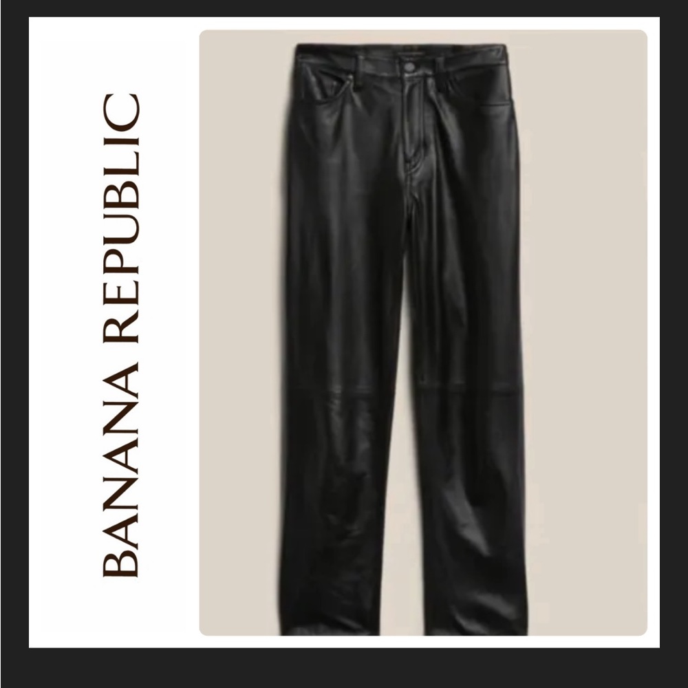 New Women Banana Republic High Rise Straight Black 100% Lamb Leather Pants Sz 34